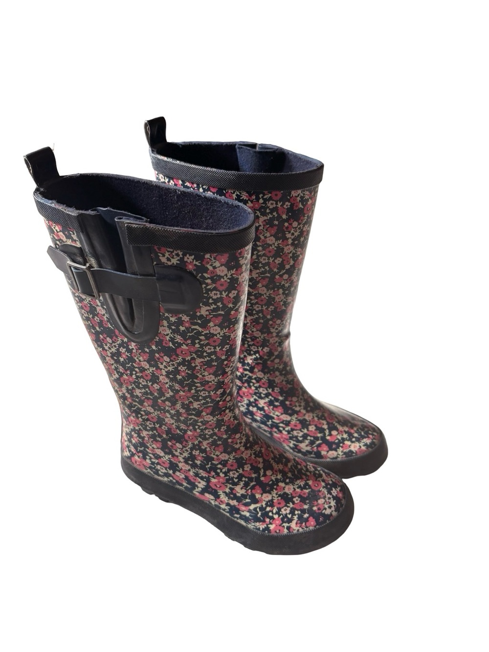 Floral Rain Boots - Pink & Navy girl size 1 youth- Excellent condition